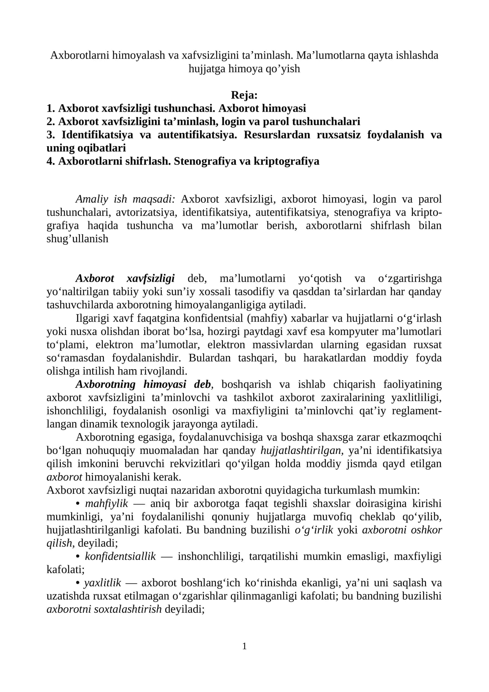 Axborotlarni himoyalash va xafvsizligini ta’minlash. Ma’lumotlarna qayta ishlashda hujjatga himoya qo’yish 1
