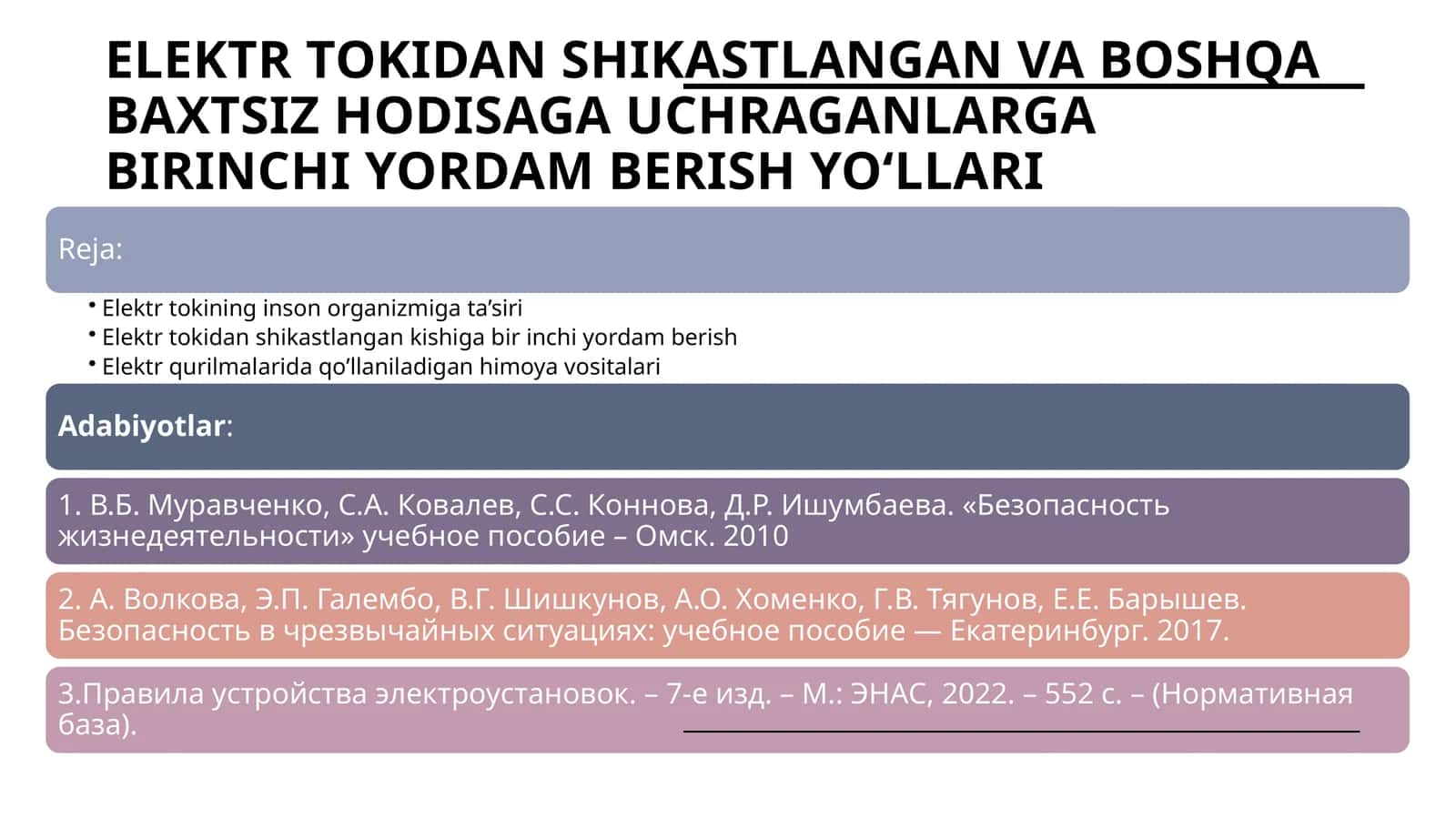 Elektr tokidan shikastlangan va boshqa baxtsiz hodisaga uchraganlarga birinchi yordam berish yo‘llari 1