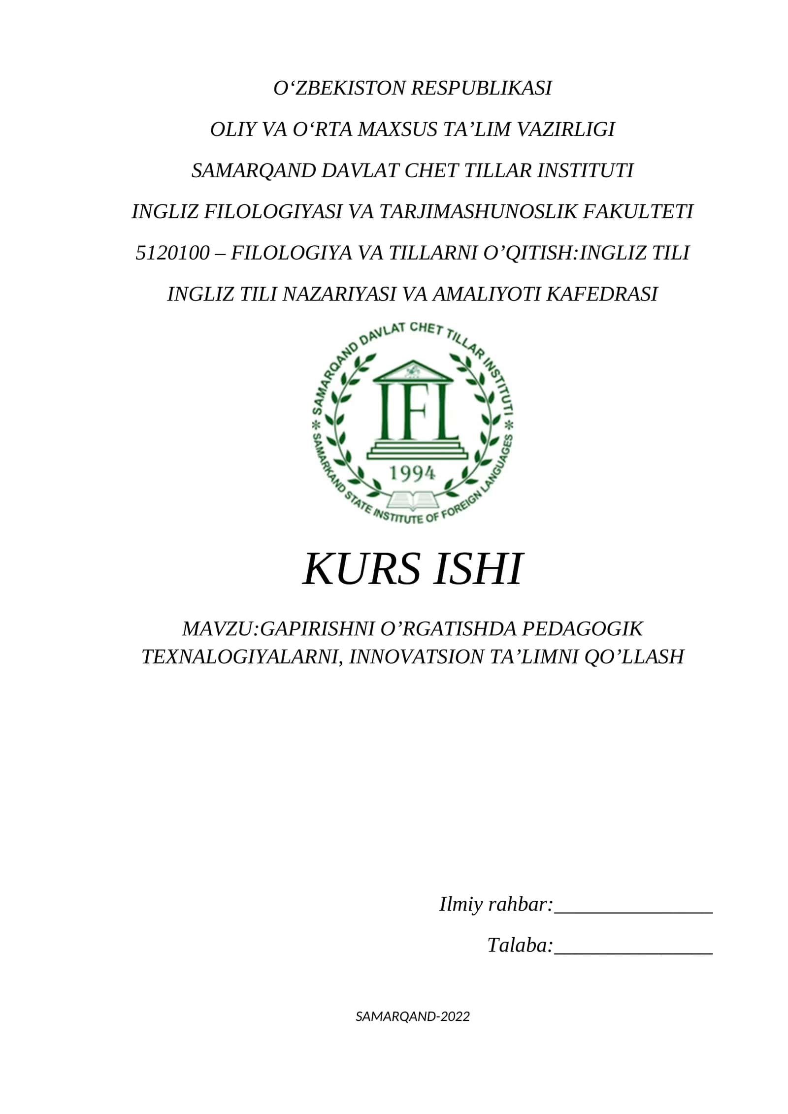 GAPIRISHNI O‘RGATISHDA PEDAGOGIK TEXNALOGIYALARNI, INNOVATSION TA’LIMNI QO’LLASH 1