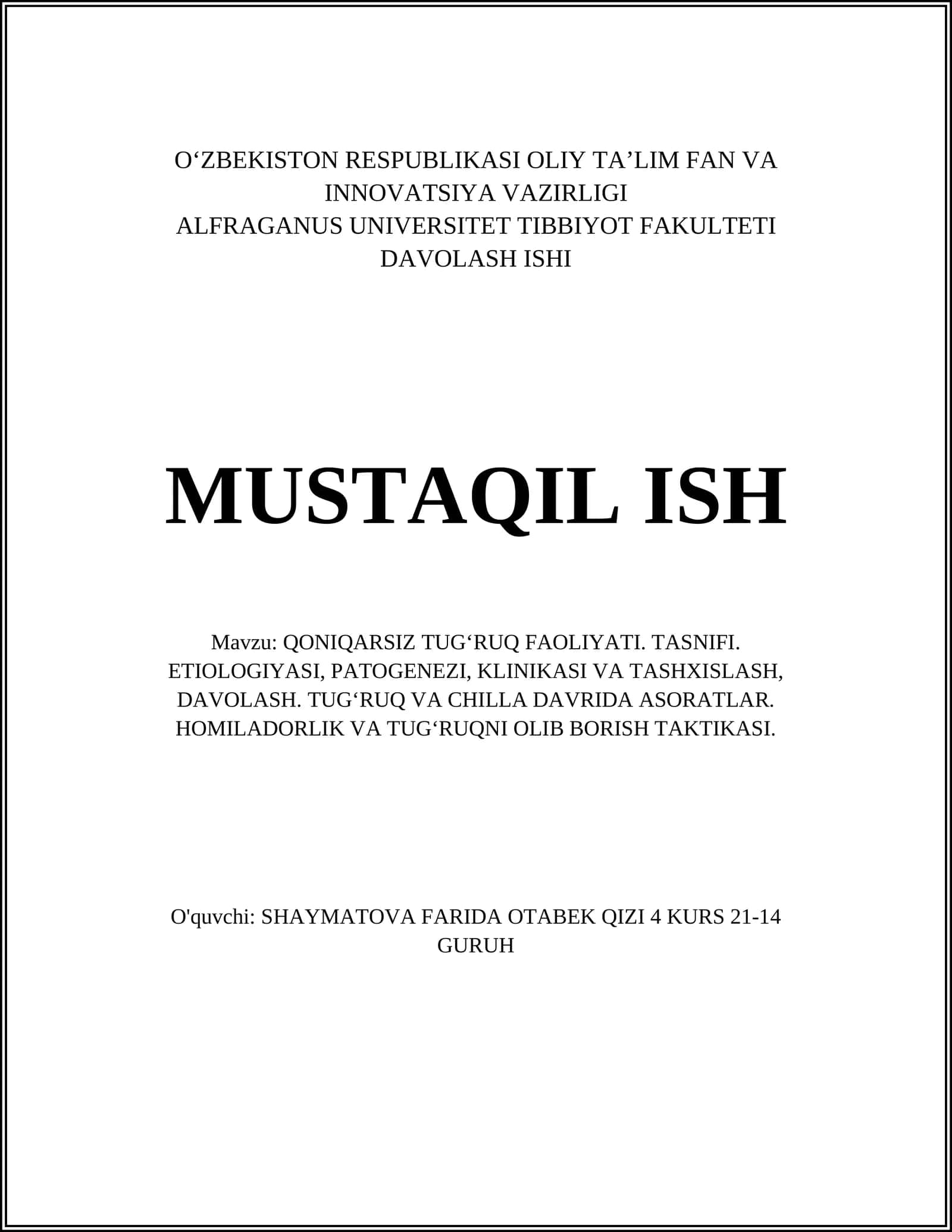 QONIQARSIZ TUGʻRUQ FAOLIYATI 1