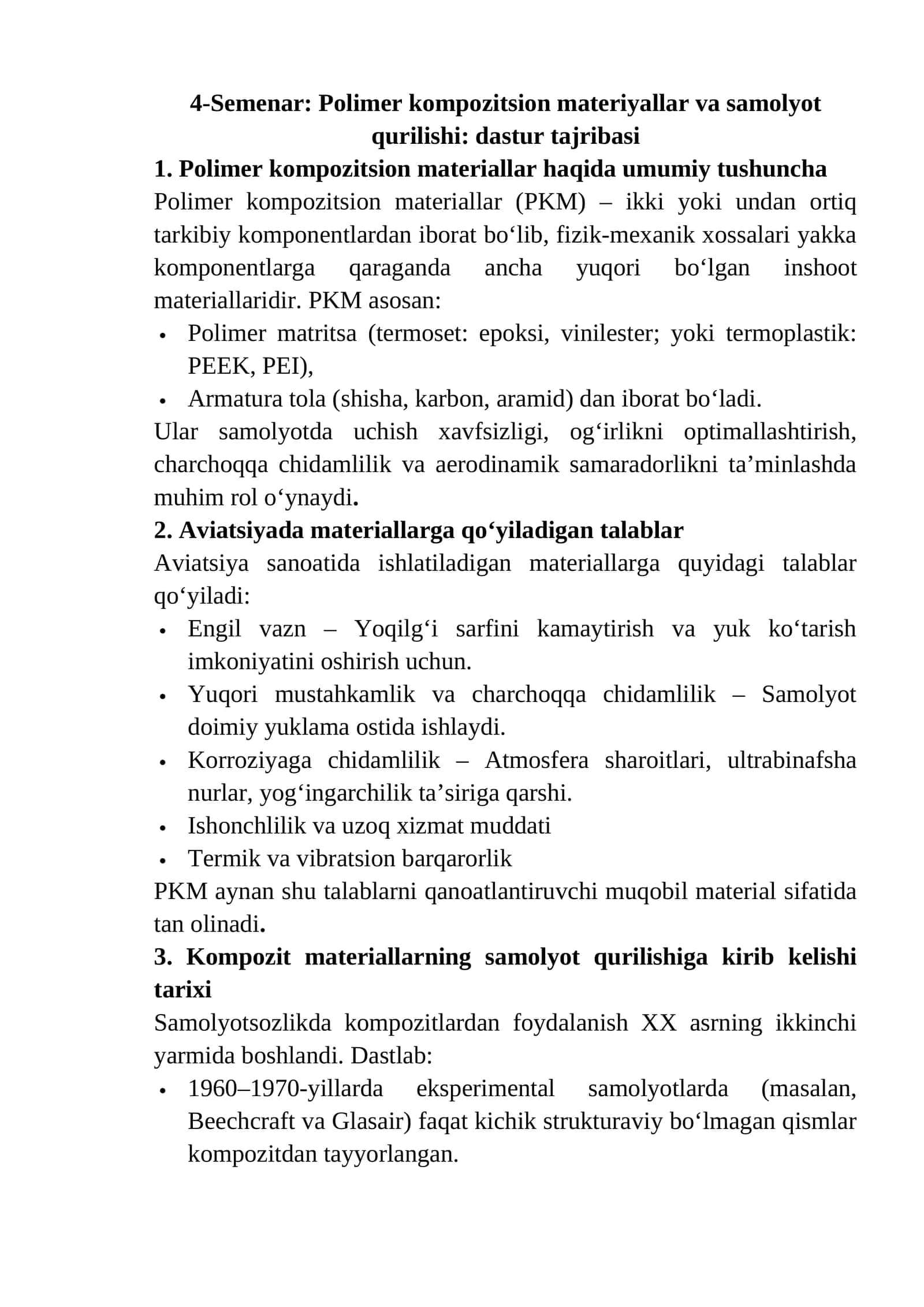 Polimer kompozitsion materiyallar va samolyot qurilishi: dastur tajribasi 1