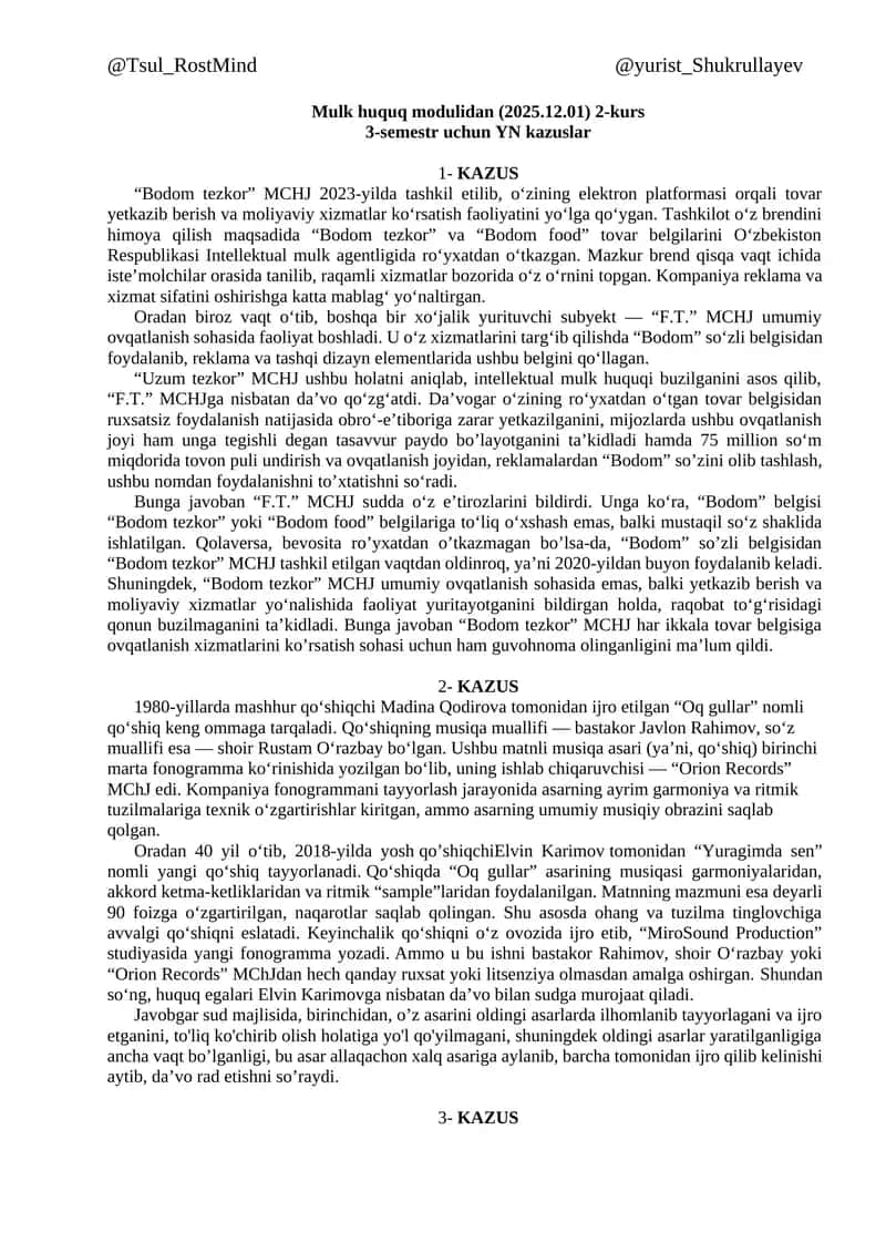 Mulk huquq modulidan (2025.12.01) 2-kurs 3-semestr YN kazuslar 1