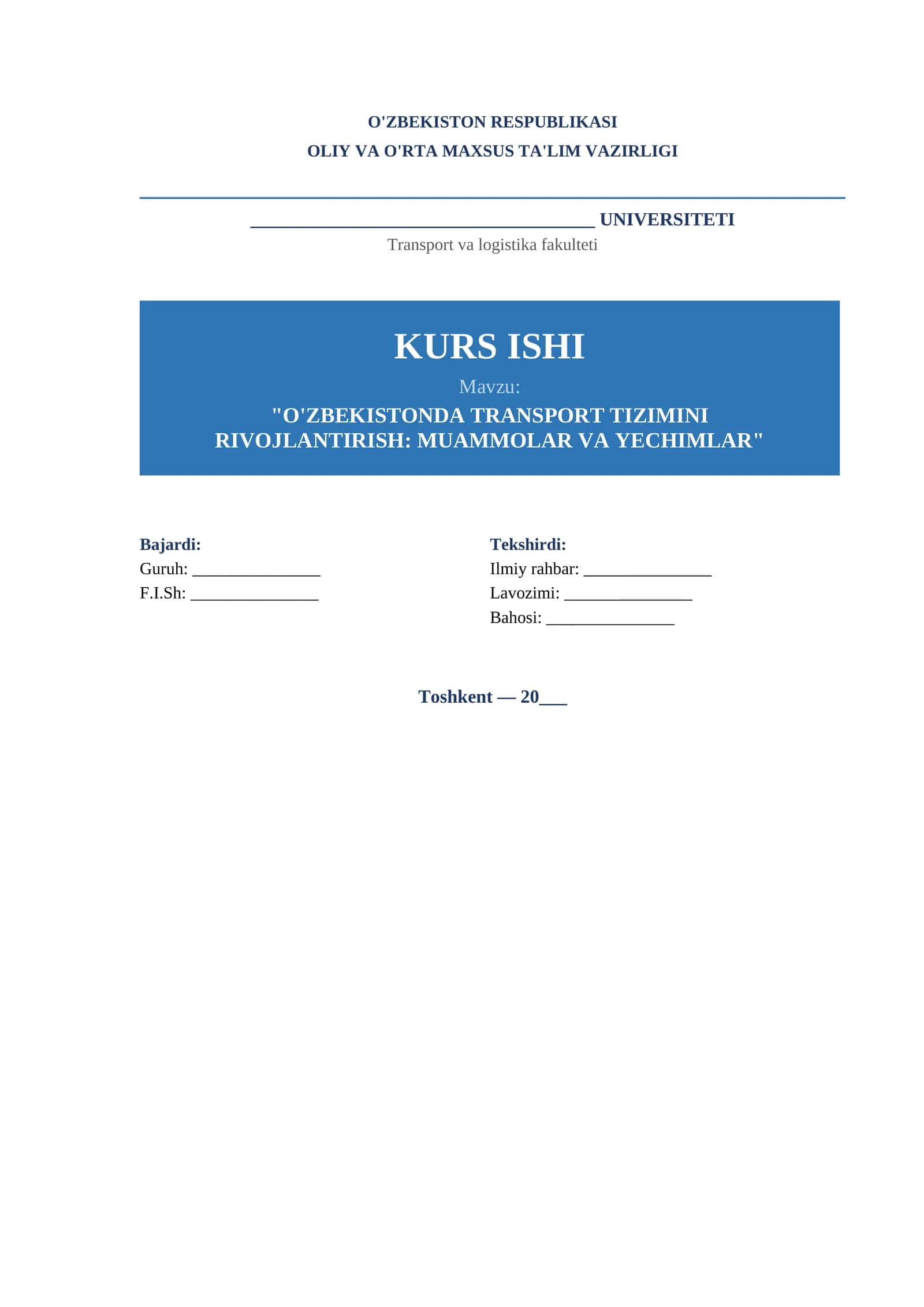 Transport Mavzusida Kurs Ishi Shabloni — Tayyor Word Format 1