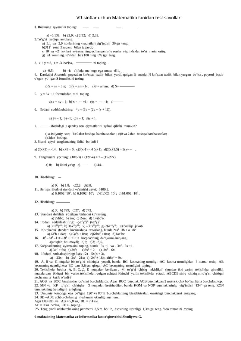 VII-sinflar uchun Matematika fanidan test savollari 1