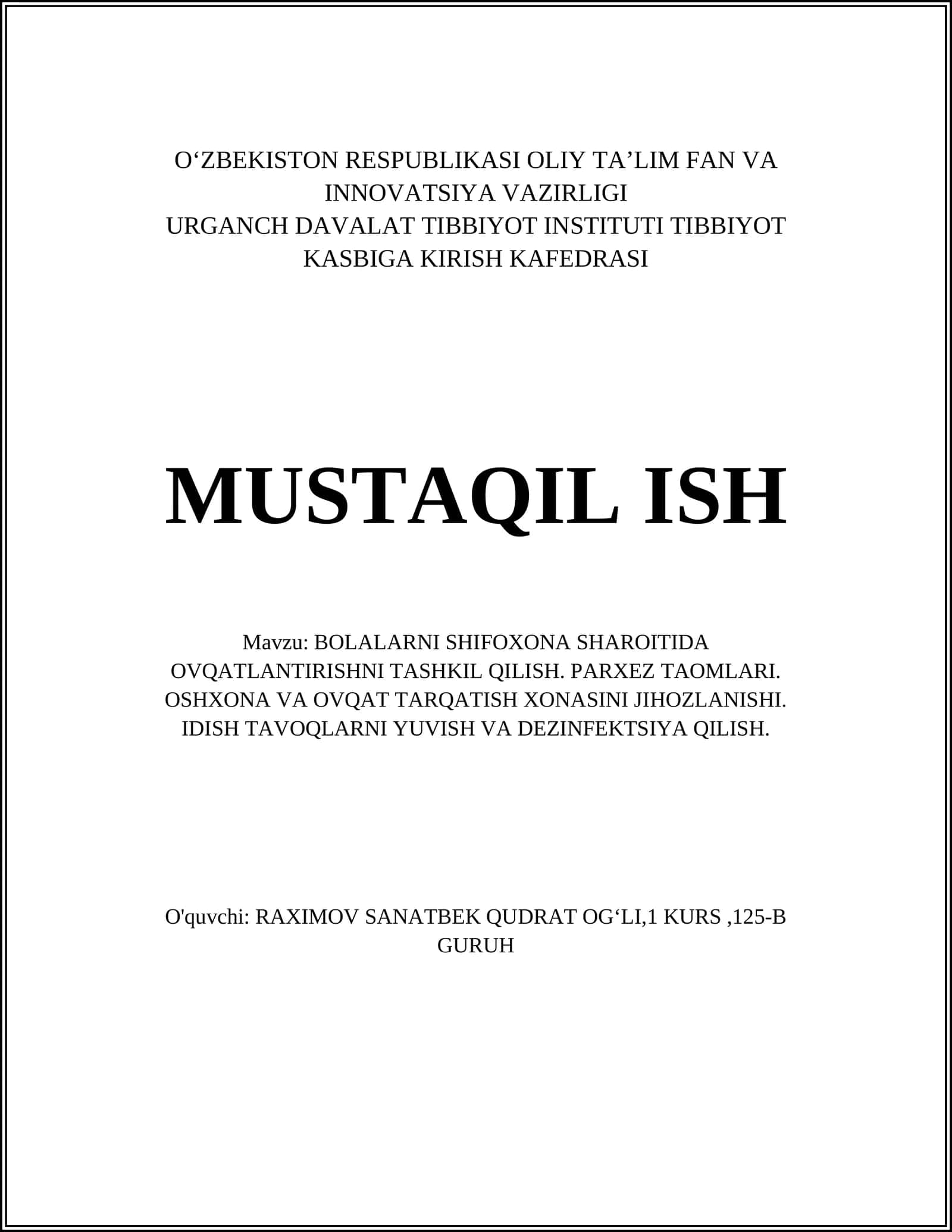 BOLALARNI SHIFOXONA SHAROITIDA OVQATLANTIRISHNI TASHKIL QILISH 1