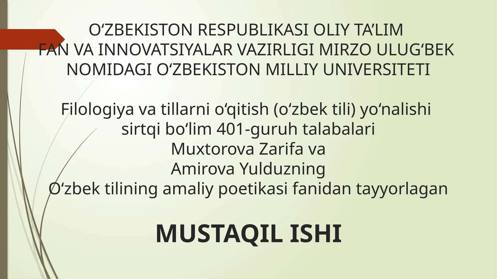 O‘zbektilining amaliy poetika sifanidantayyorlagan MUSTAQIL ISHI 1