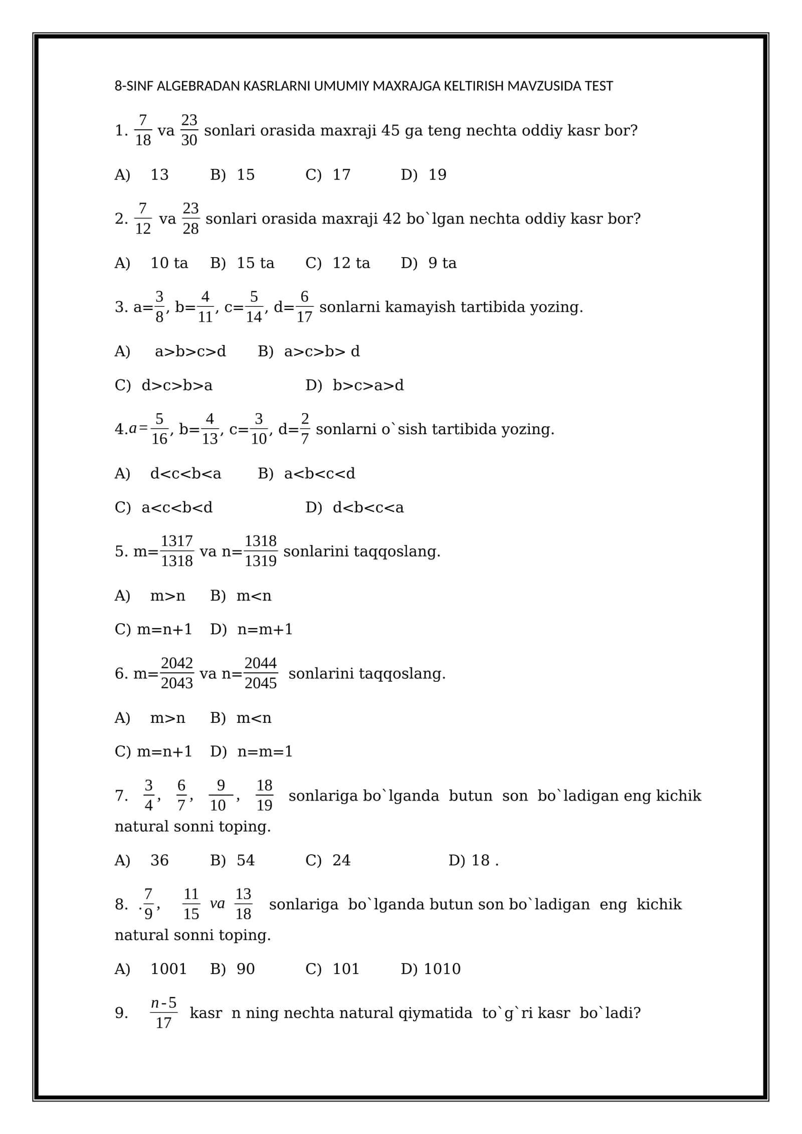 8-SINF ALGEBRADAN KASRLARNI UMUMIY MAXRAJGA KELTIRISH MAVZUSIDA TEST 1