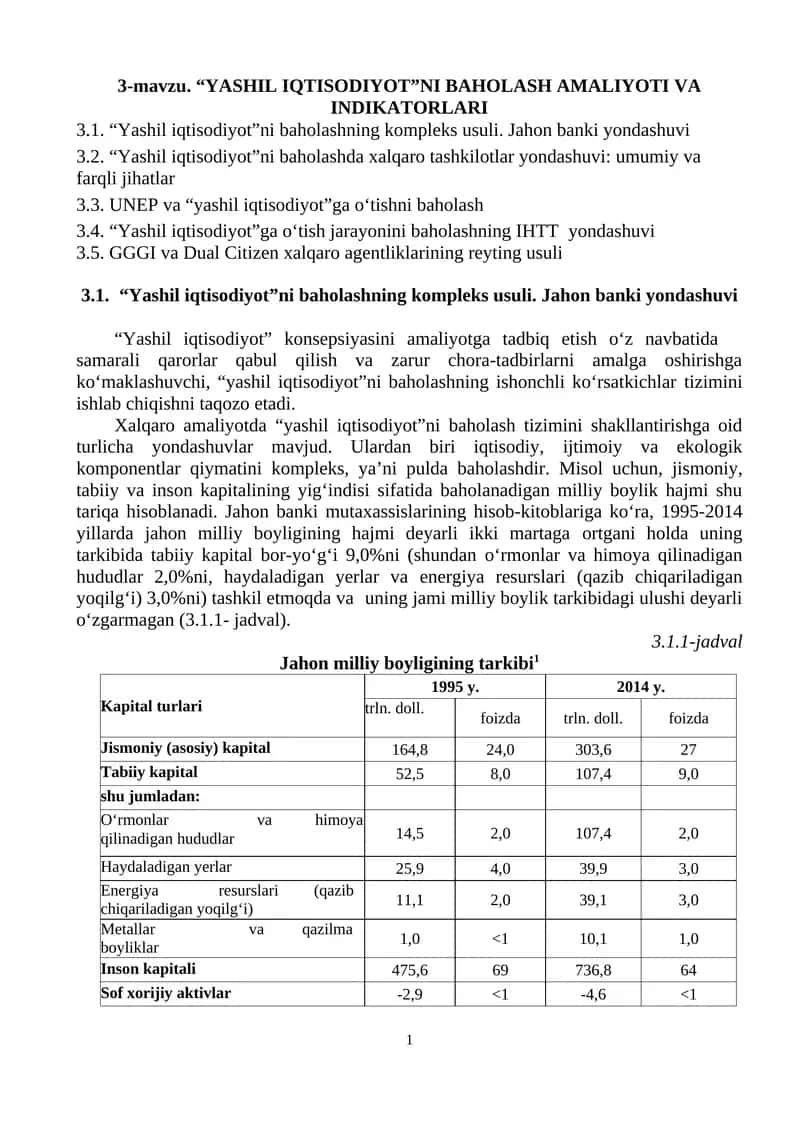 “YASHIL IQTISODIYOT”NI BAHOLASH AMALIYOTI VA INDIKATORLARI 1
