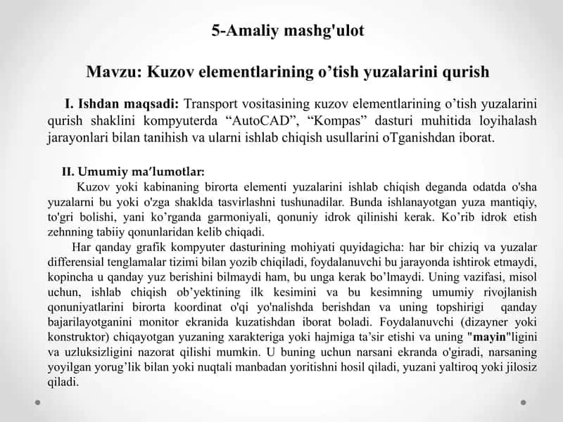 Kuzov elementlarining o’tish yuzalarini qurish 1
