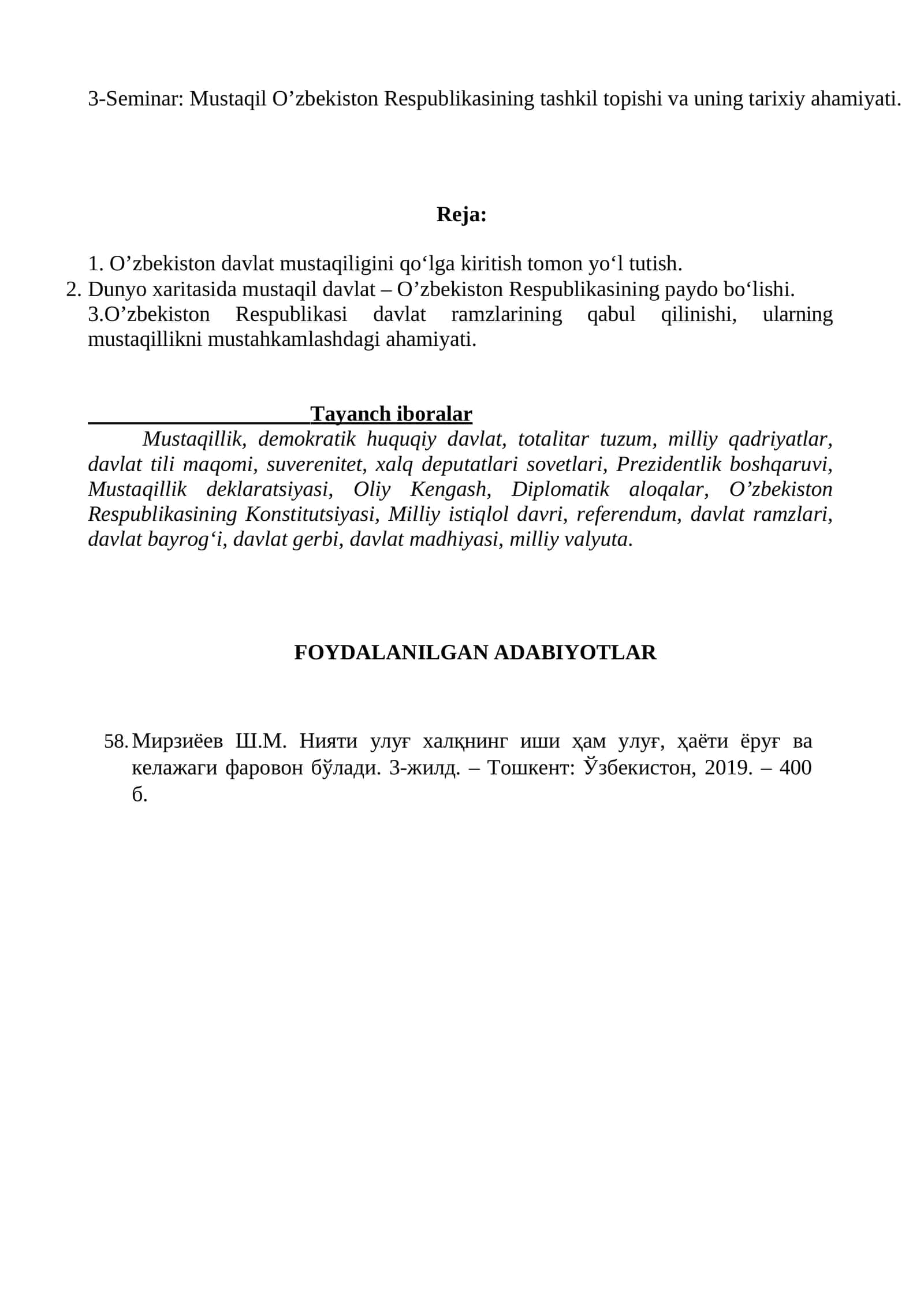 Seminar: Mustaqil O’zbekiston Respublikasining tashkil topishi va uning tarixiy ahamiyati 1