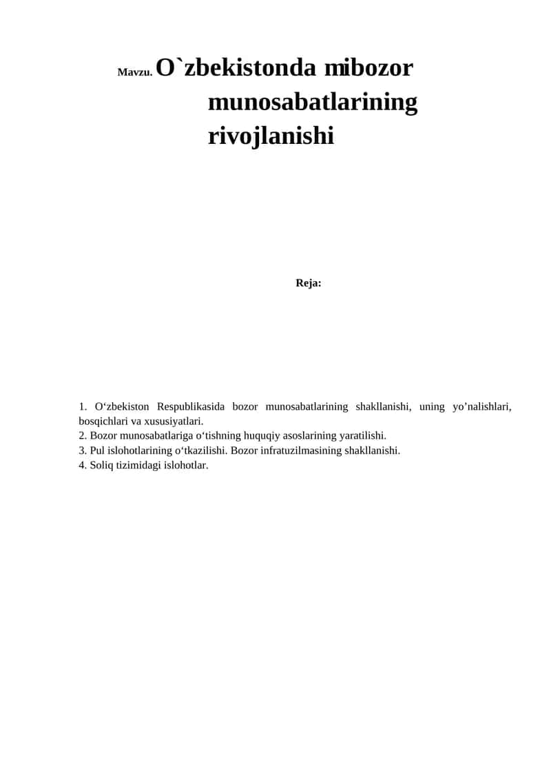 O`zbekistonda mibozor munosabatlarining rivojlanishi 1