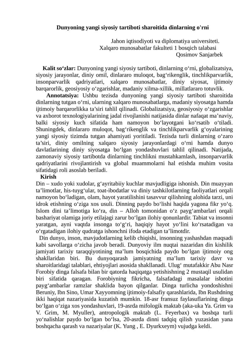 Dunyoning yangi siyosiy tartiboti sharoitida dinlarning o'rni 1