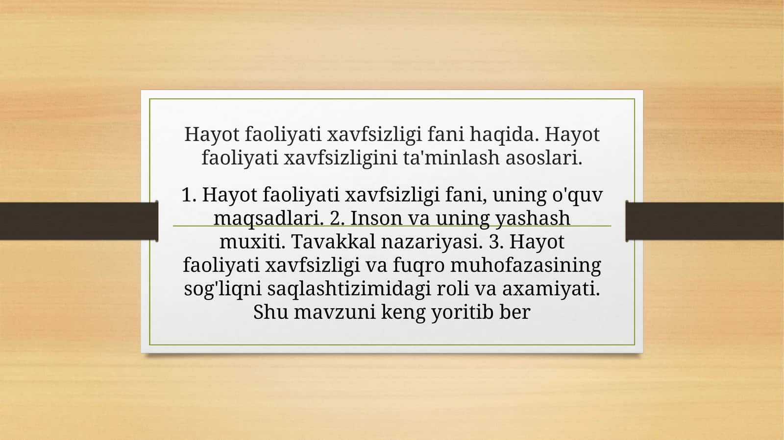 Hayot faoliyati xavfsizligi fanidagi rol va axamiyati 1