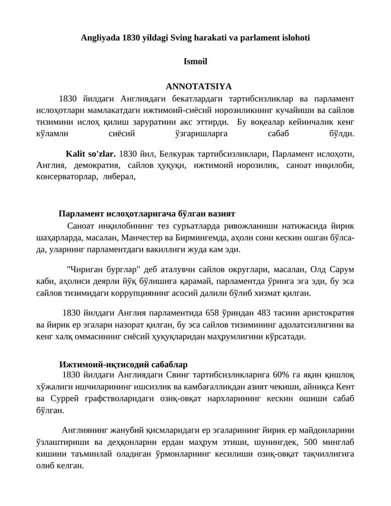 Angliyada 1830 yildagi Sving harakati va parlament islohoti 1