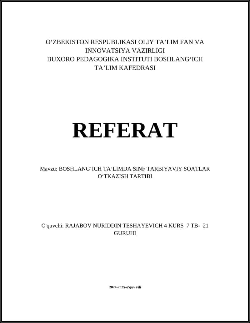 BOSHLANGʻICH TAʼLIMDA SINF TARBIYAVIY SOATLAR OʻTKAZISH TARTIBI 1