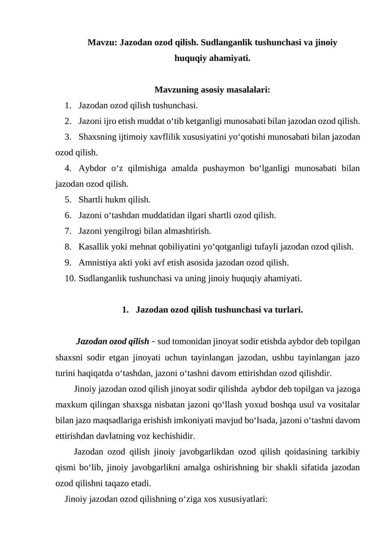Jazodan ozod qilish. Sudlanganlik tushunchasi va jinoiy huquqiy ahamiyati. 1