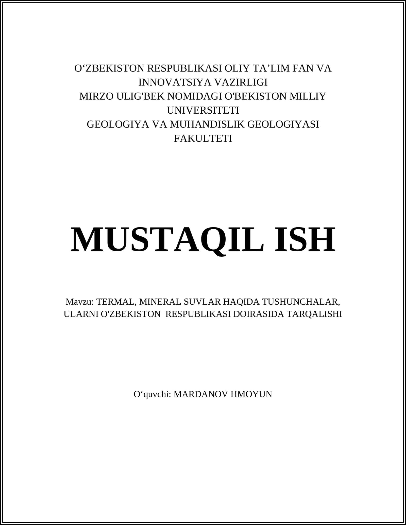 TERMAL, MINERAL SUVLAR HAQIDA TUSHUNCHALAR, ULARNI O'ZBEKISTON RESPUBLIKASI DOIRASIDA TARQALISHI 1