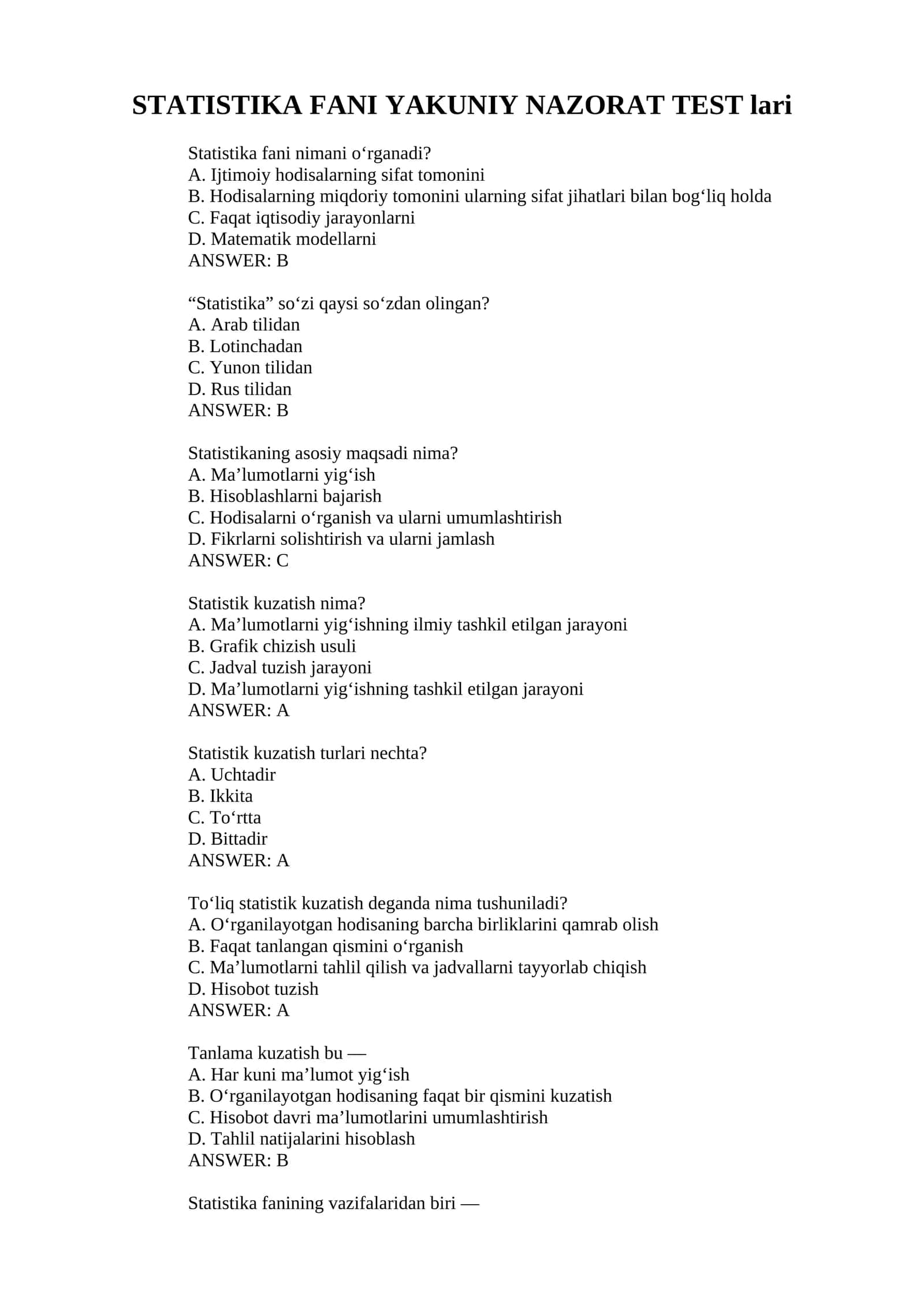 STATISTIKA FANI YAKUNIY NAZORAT TEST lari 1