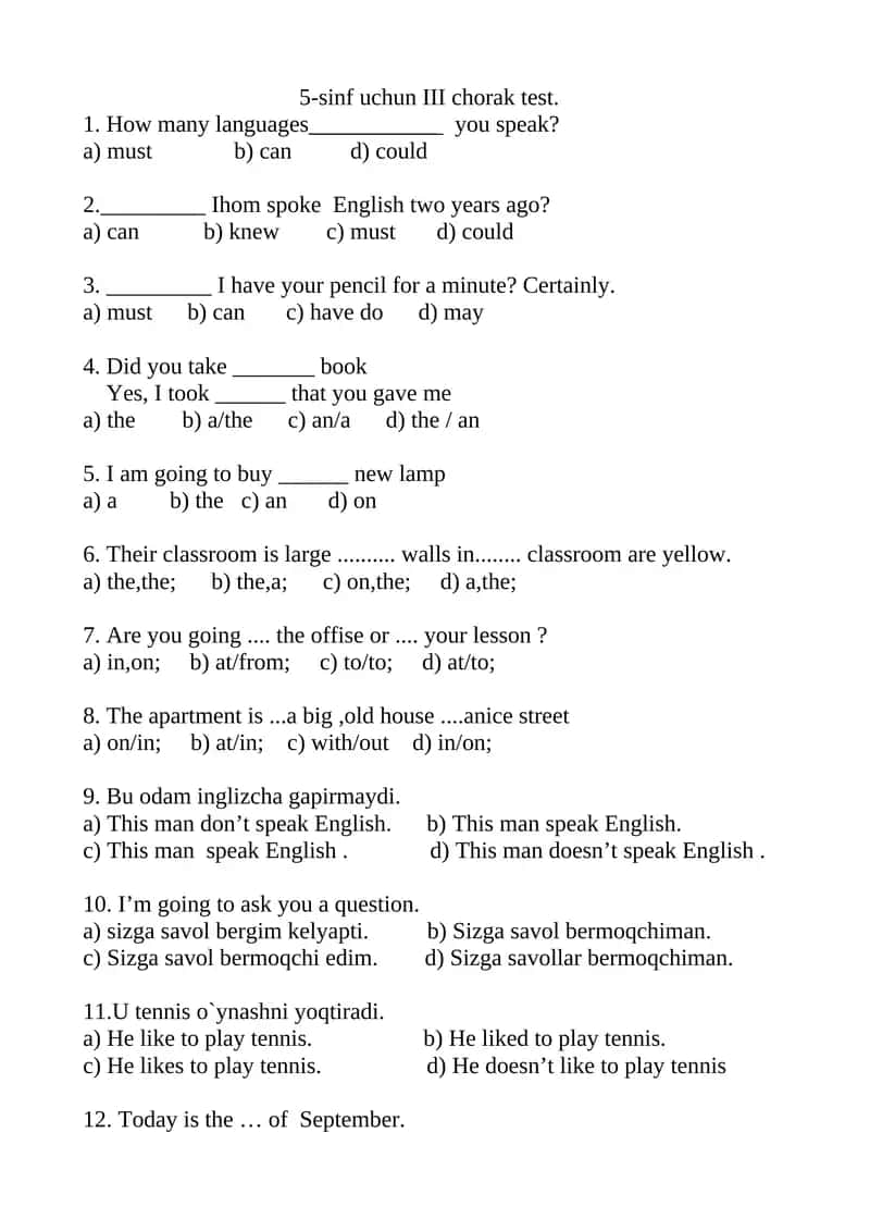 5-sinf uchun III chorak test 1