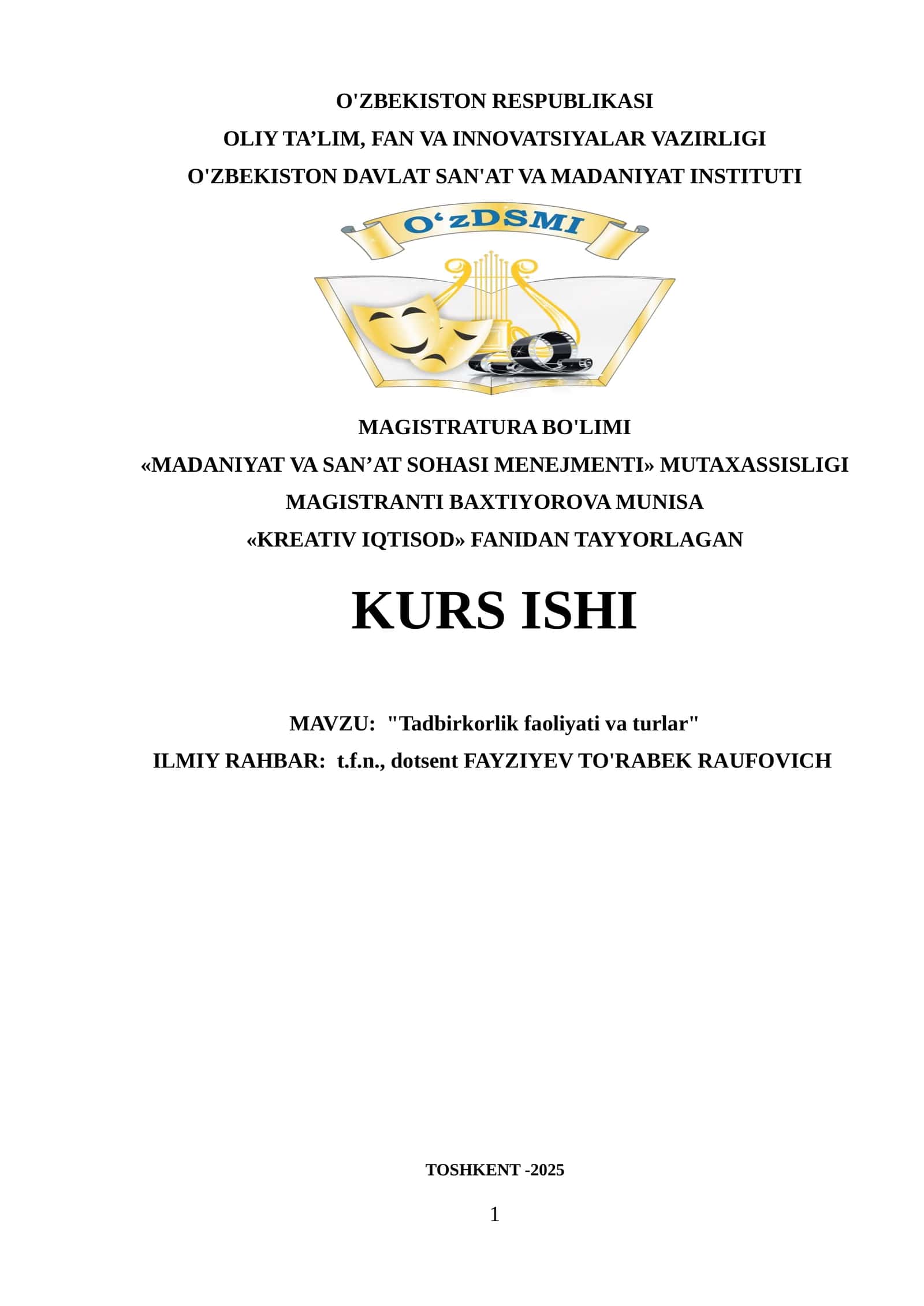 KREATIV IQTISOD FANIDAN TAYYORLAGAN KURS ISHI 1