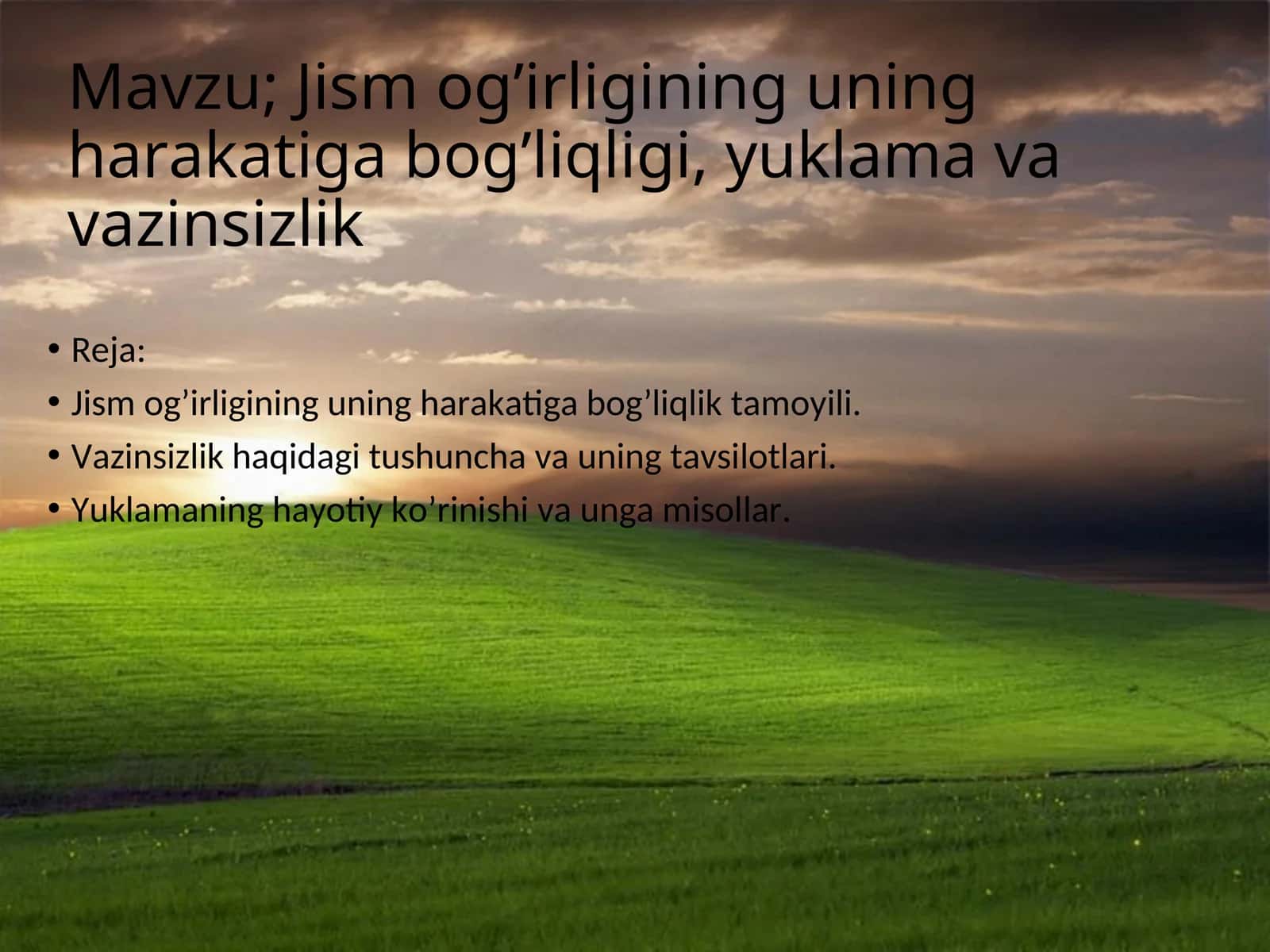 Jism og’irligining uning harakatiga bog’liqligi, yuklama va vazinsizlik 1