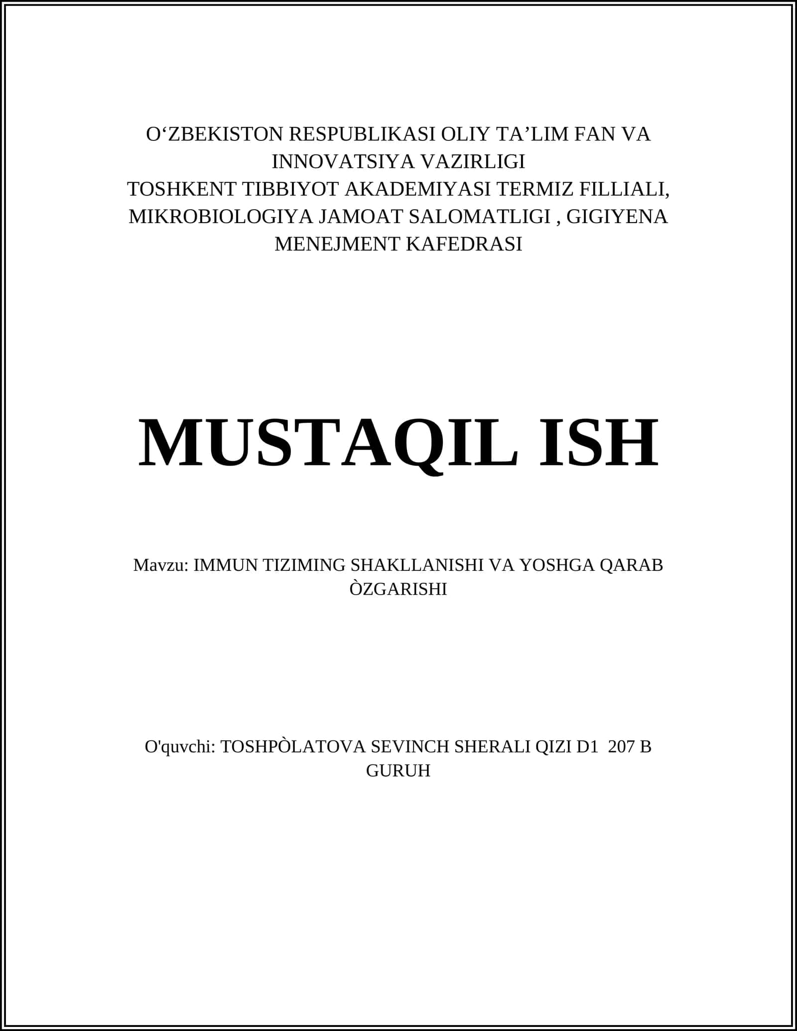 IMMUN TIZIMNING SHAKLLANISHI VA YOSHGA QARAB ÒZGARISHI 1