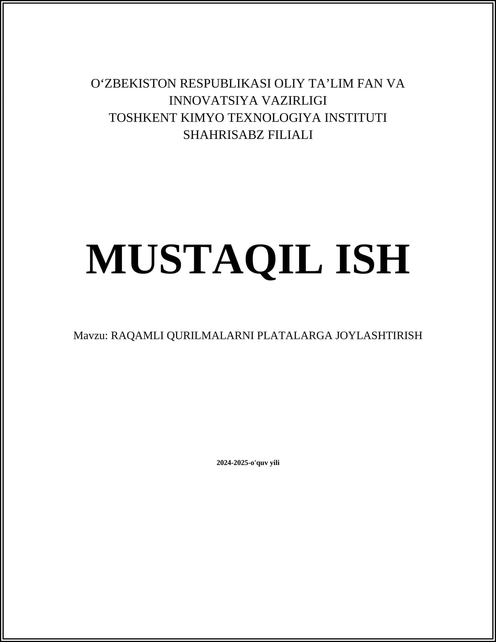 RAQAMLI QURILMALARNI PLATALARGA JOYLASHTIRISH 1