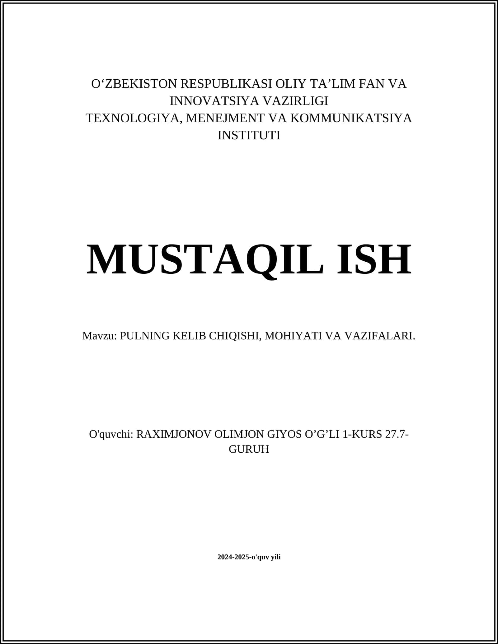 PULNING KELIB CHIQISHI, MOHIYATI VA VAZIFALARI 1