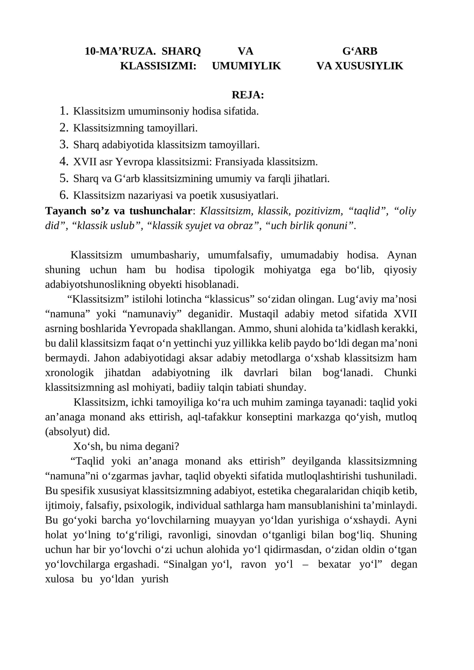 10-MA’RUZA. SHARQ VA G‘ARB KLASSISIZMI: UMUMIYLIK VA XUSUSIYLIK 1