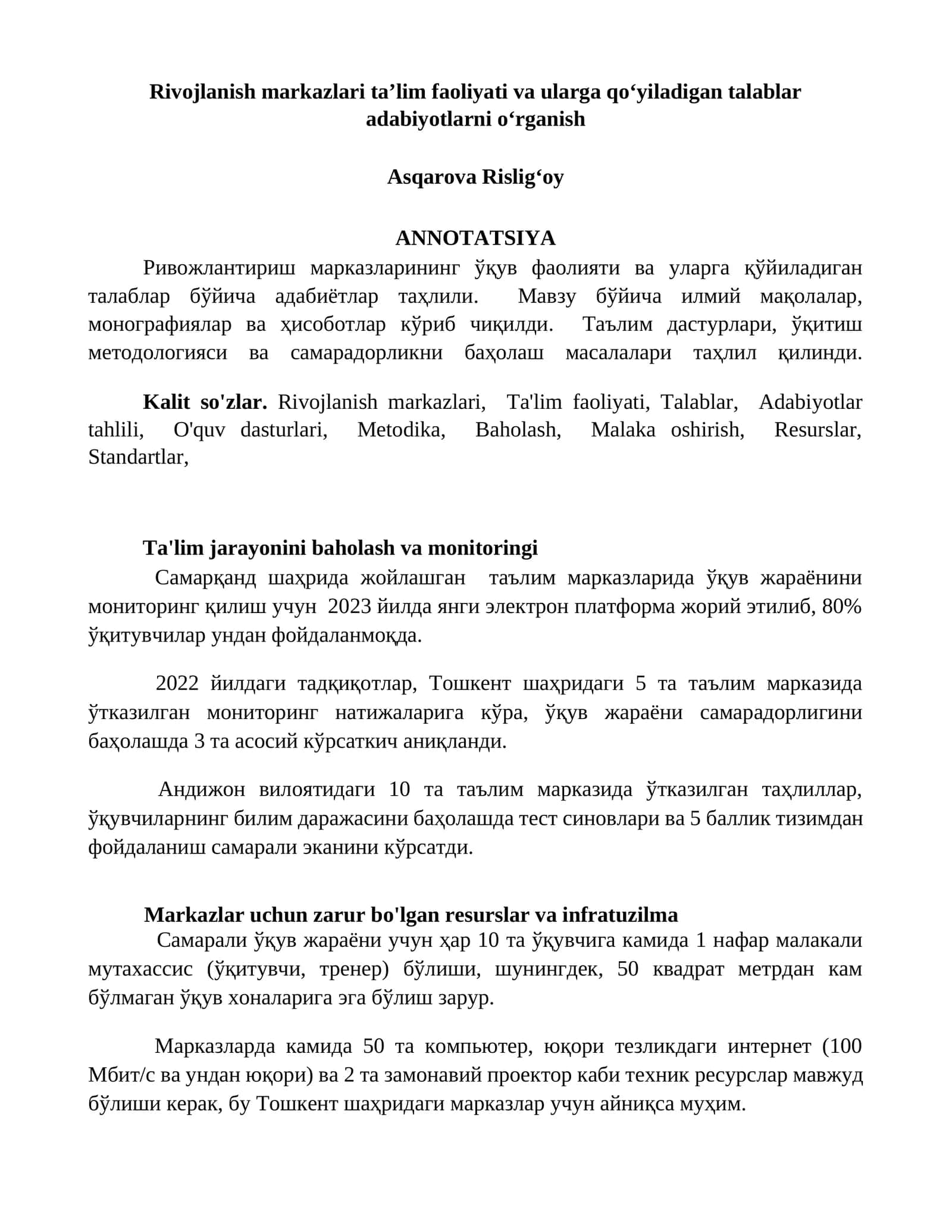 Rivojlanish markazlari taʼlim faoliyati va ularga qoʻyiladigan talablar adabiyotlarni oʻrganish 1