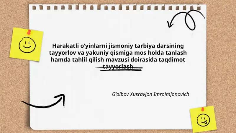 Harakatli oʻyinlarni jismoniy tarbiya darsining tayyorlov va yakuniy qismiga mos holda tanlash hamda tahlil qilish 1