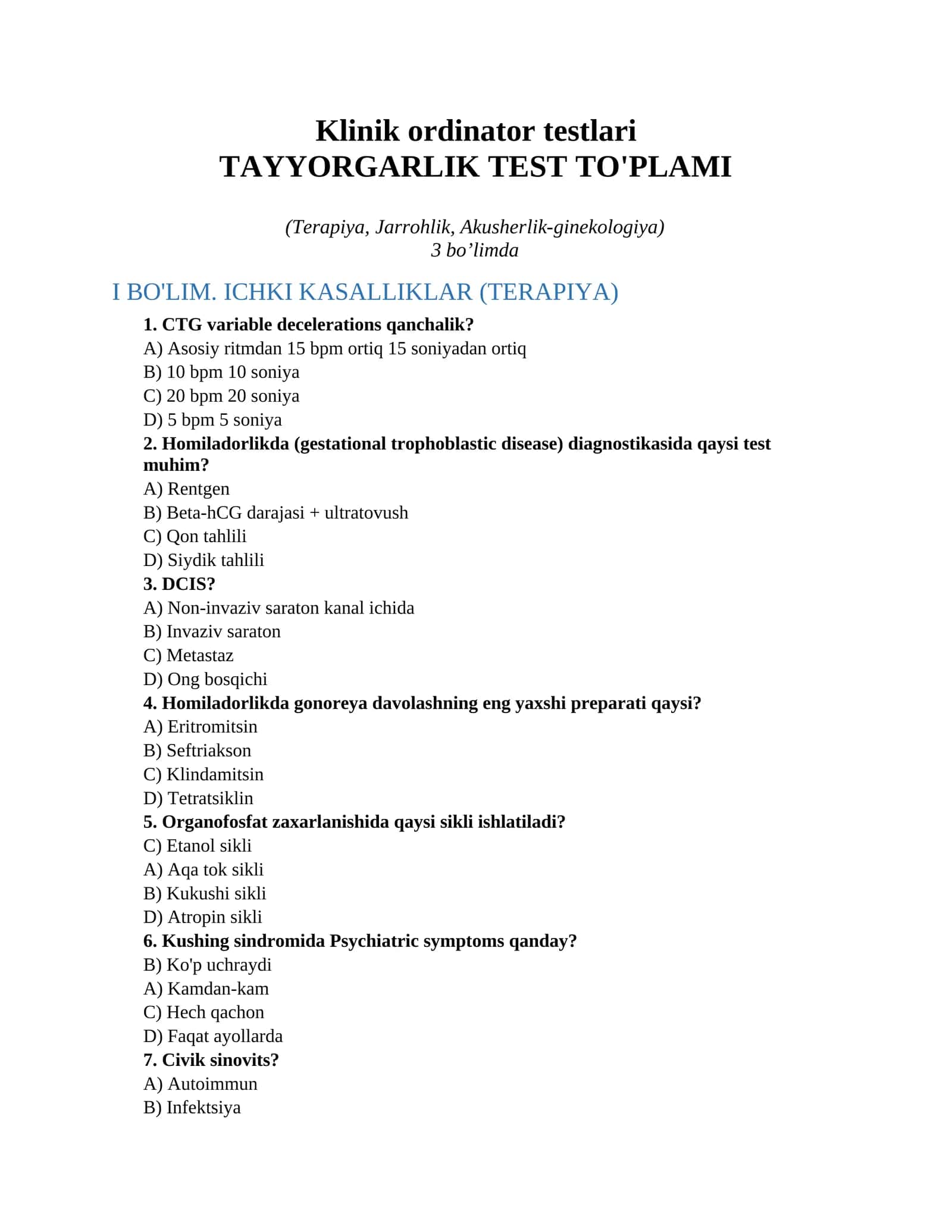 Klinik ordinator testlari 1