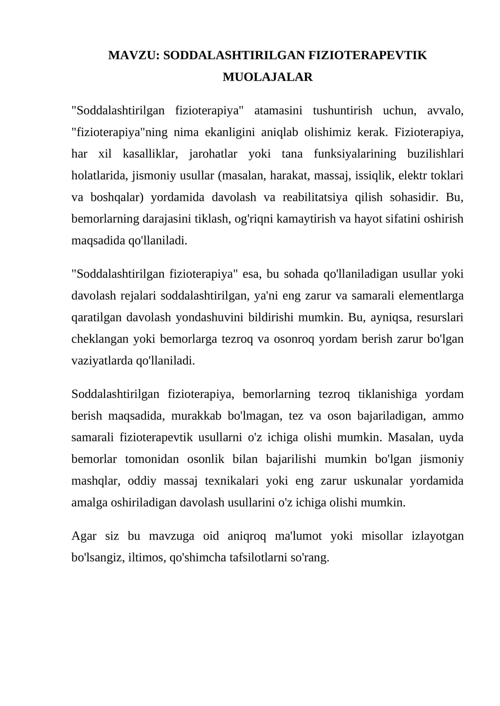 SODDALASHTIRILGAN FIZIOTERAPIYA MUOLAJALARI 1
