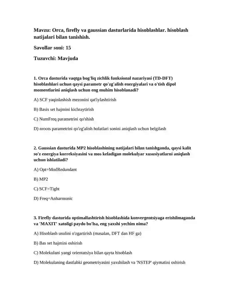Orca, firefly va gaussian dasturlarida hisoblashlar 1