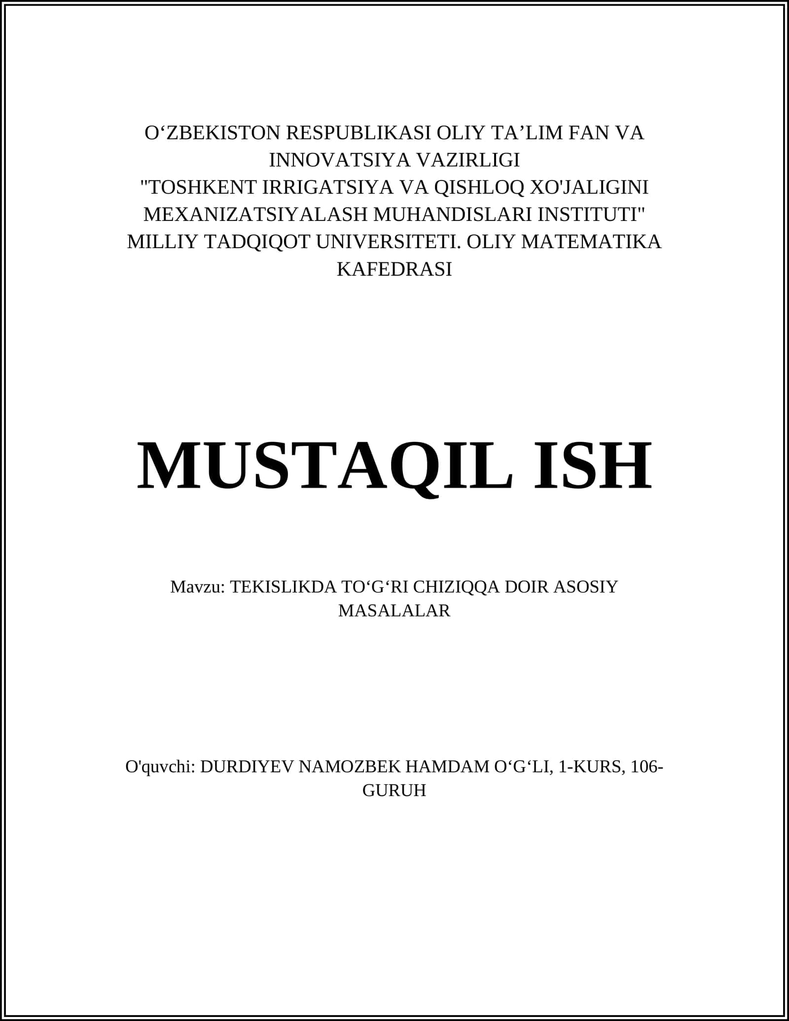 TEKISLIKDA TOʻGʻRI CHIZIQQA DOIR ASOSIY MASALALAR 1