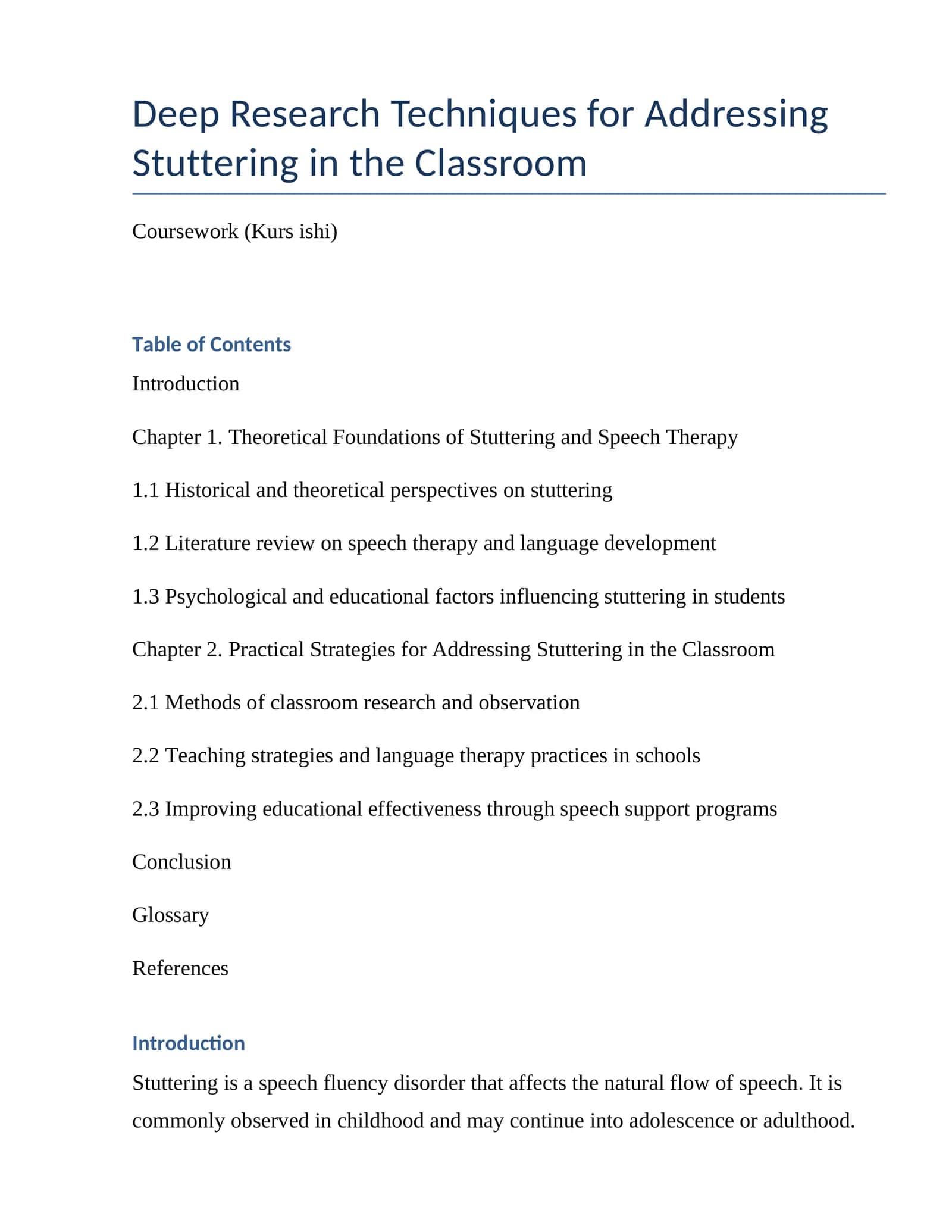 Deep Research Techniques for Addressing Stuttering in the Classroom 1