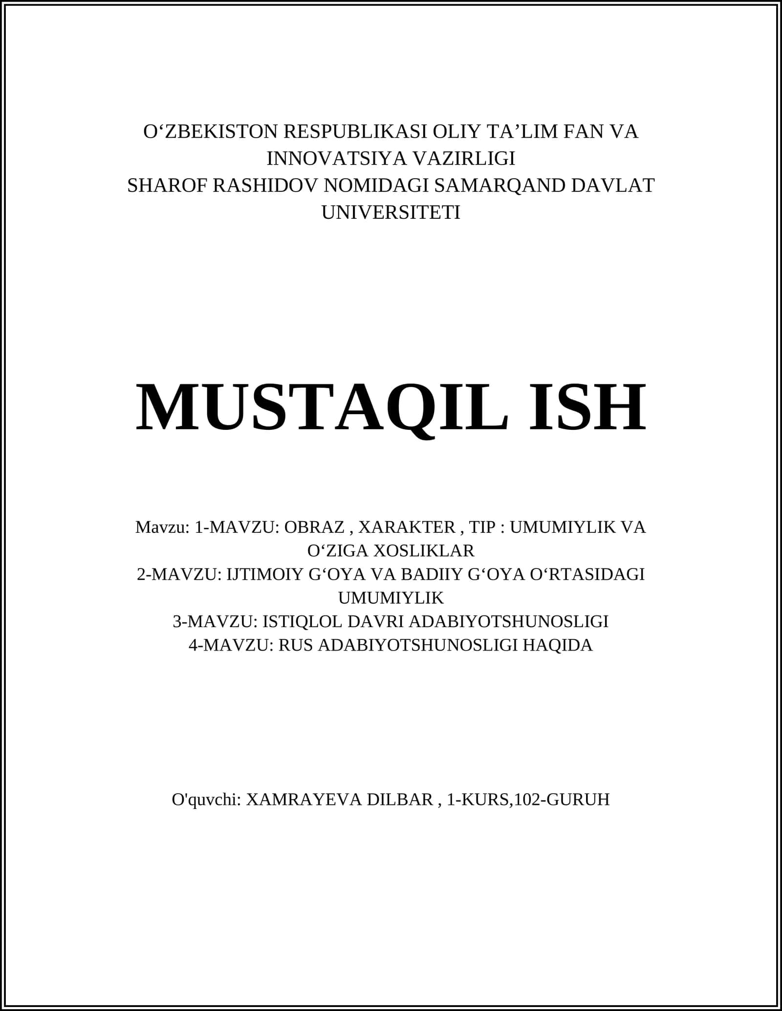 Obraz va xarakter tushunchalari: umumiy asoslar 1