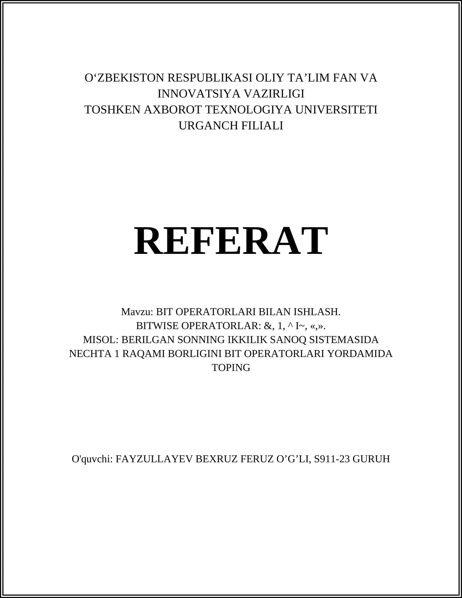 BIT OPERATORLARI BILAN ISHLASH 1