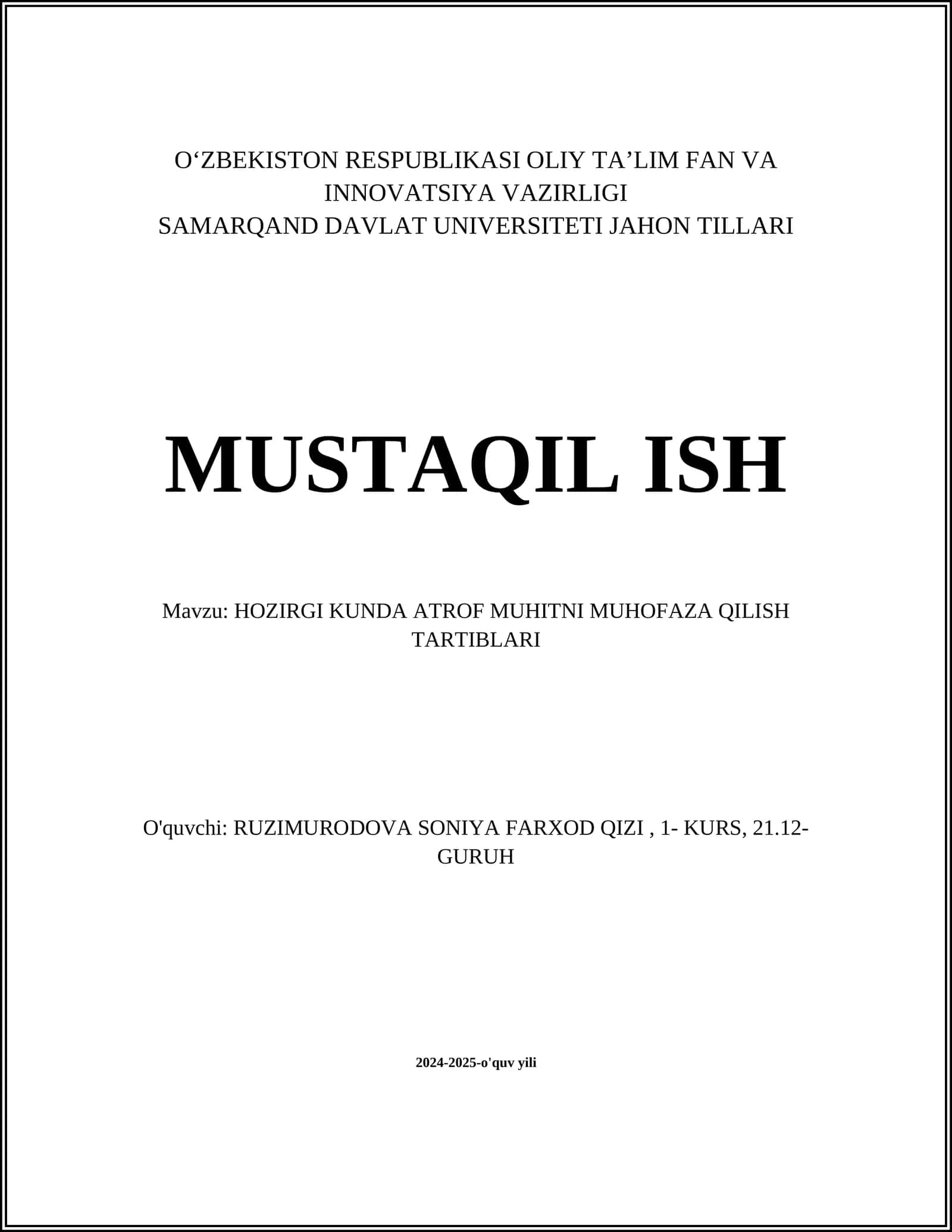 HOZIRGI KUNDA ATROF MUHITNI MUHOFAZA QILISH TARTIBLARI 1