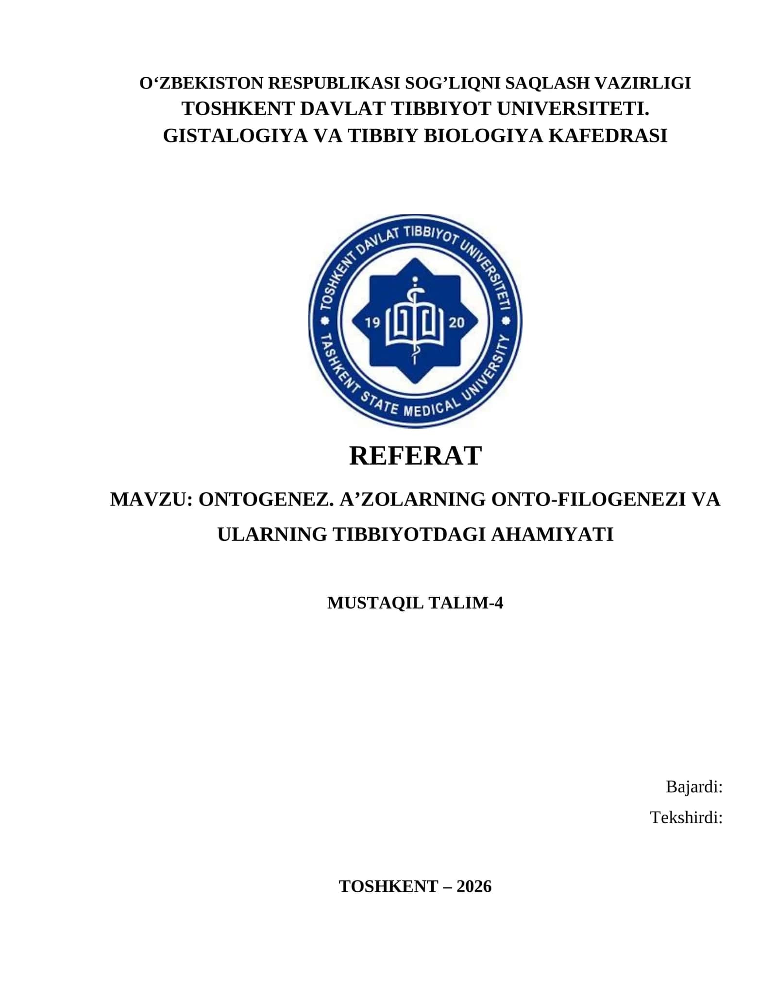 ONTOGENEZ. A’ZOLARNING ONTO-FILOGENEZI VA ULARNING TIBBIYOTDAGI AHAMIYATI 1