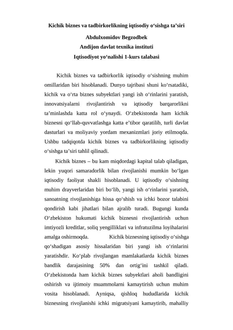 Kichik biznes va tadbirkorlikning iqtisodiy o‘sishga ta’siri 1
