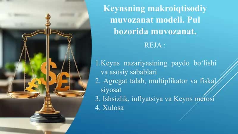 Keynsning makroiqtisodiy muvozanat modeli. Pul bozorida muvozanat. 1