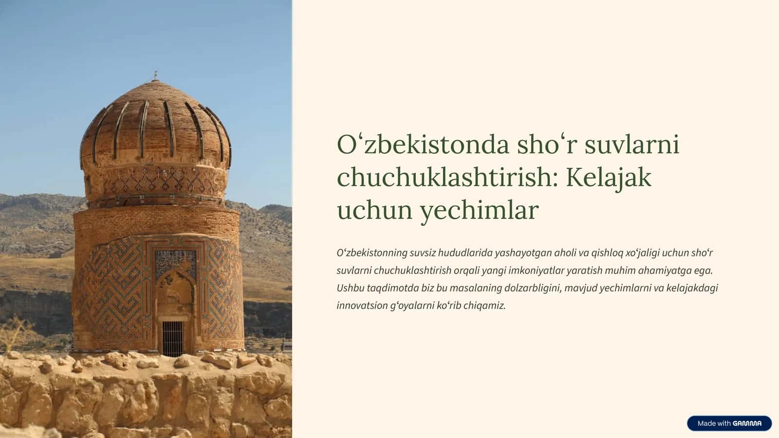 Shoʻr suvlarni chuchuklashtirish: Kelajak uchun yechimlar 1