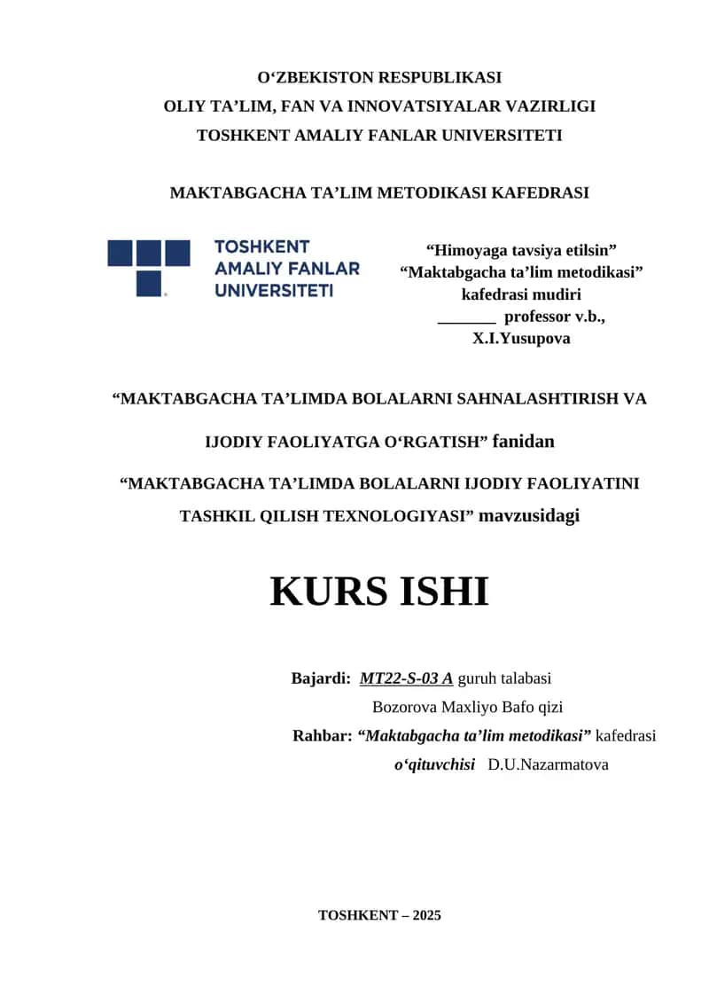 Maktabgacha ta'limda bolalarni ijodiy faoliyatini tashkil qilish texnologiyasi 1