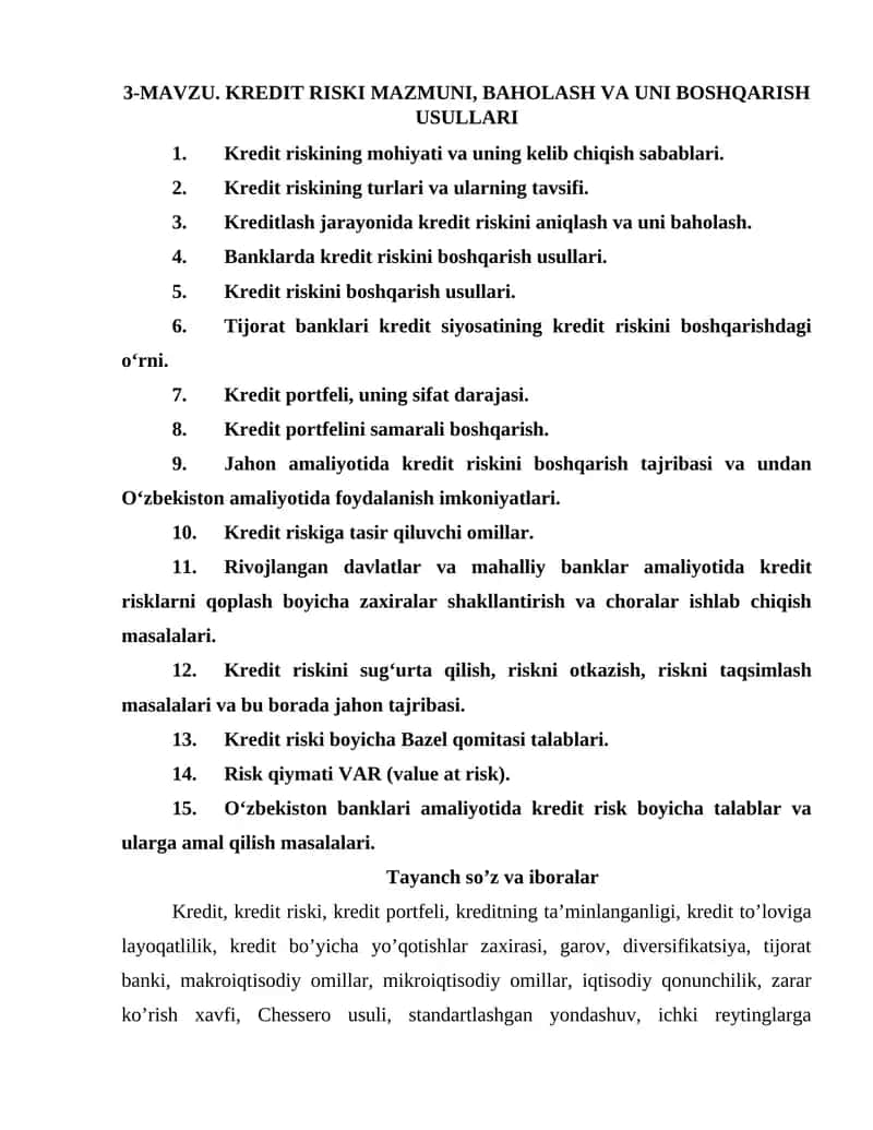 KREDIT RISKI MAZMUNI, BAHOLASH VA UNI BOSHQARISH USULLARI 1