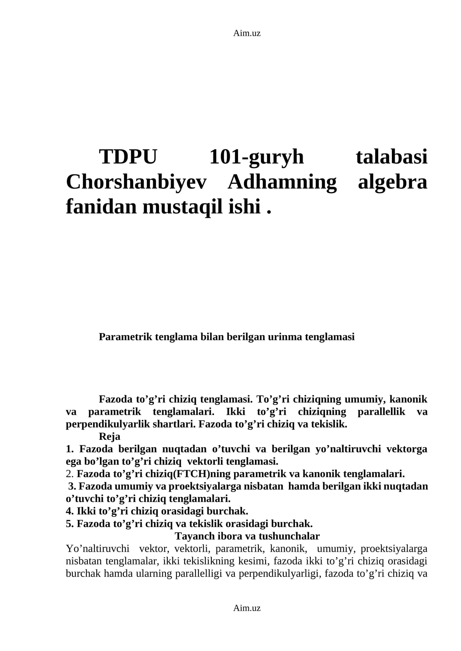 TDPU 101-guryh talabasi Chorshanbiyev Adham algebra fanidan mustaqil ishi 1