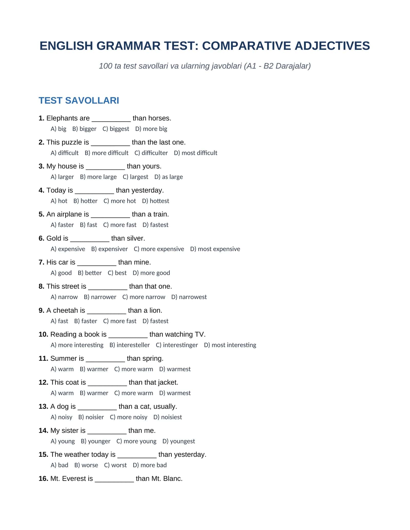 "Comparative Adjectives" (Sifatlarning qiyosiy darajasi) iboralari va qoidalari bo'yicha maxsus tayyorlangan 100 talik test oxiridan javoblari bilan 1