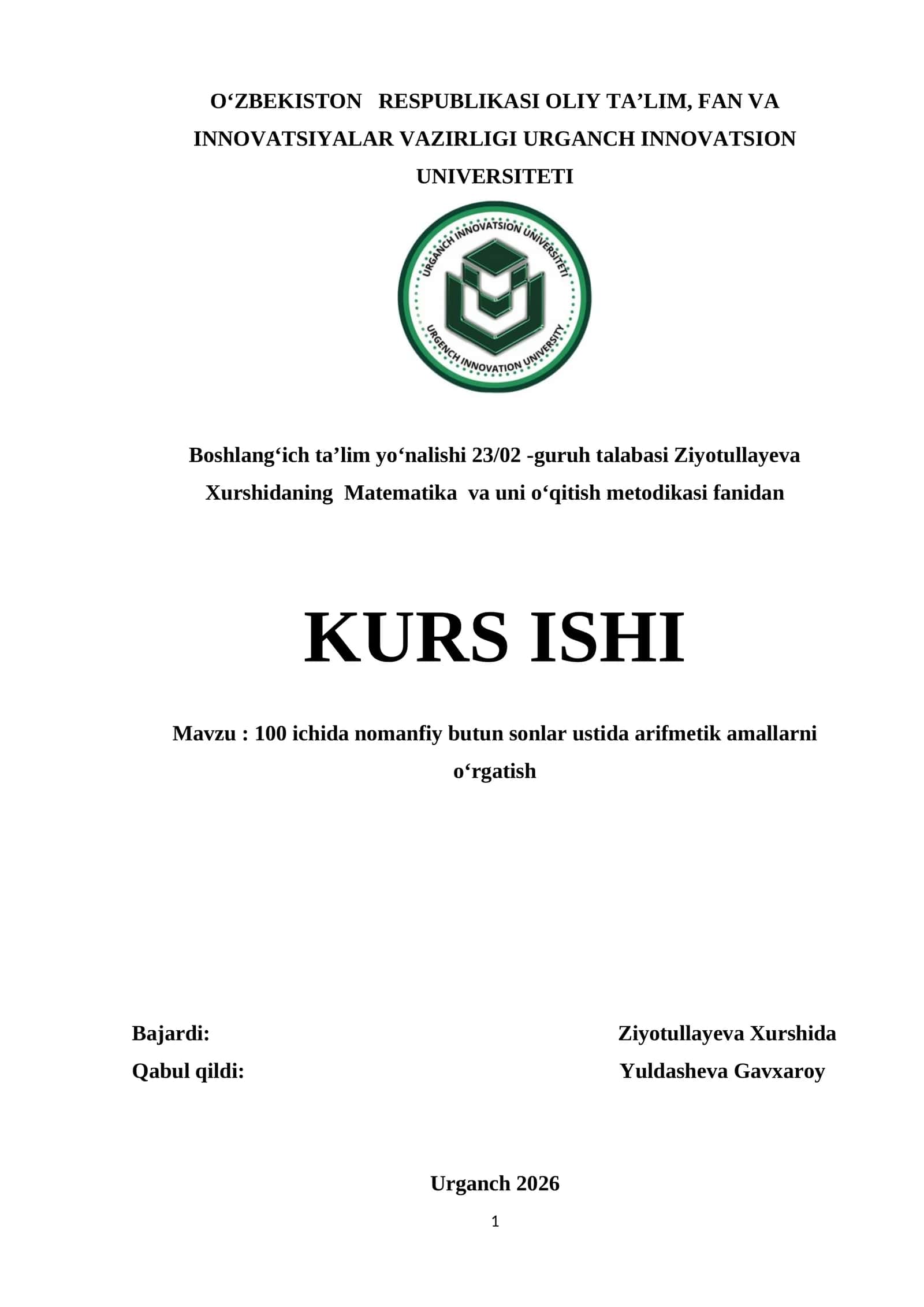 100 ichida nomanfiy butun sonlar ustida arifmetik amallarni oʻrgatish 1