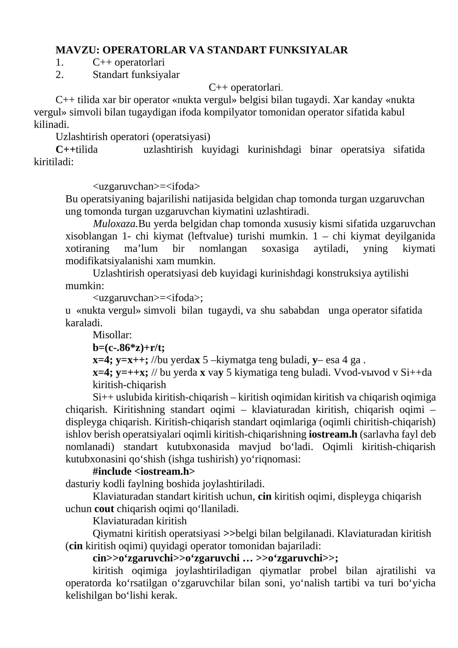 OPERATORLAR VA STANDART FUNKSIYALAR 1
