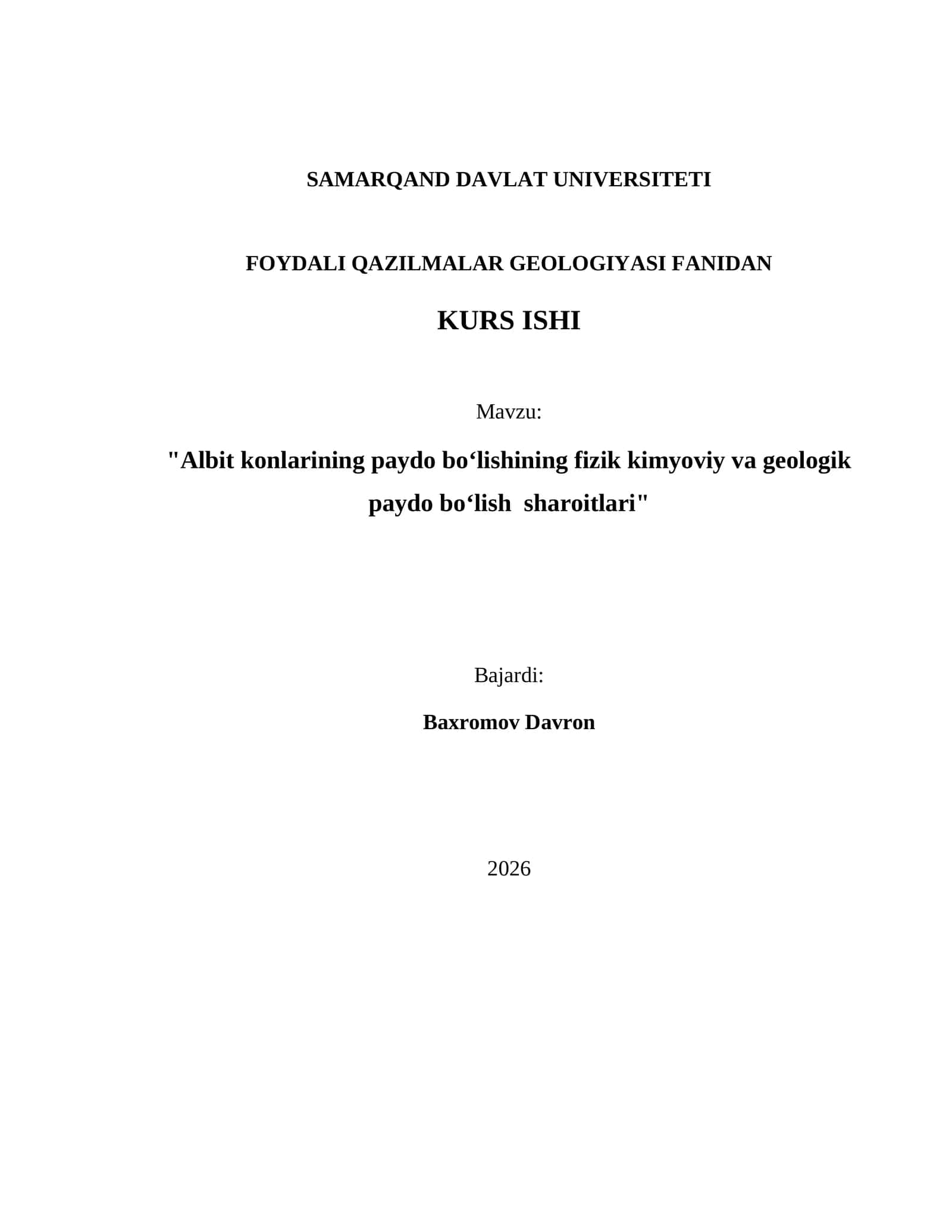 Foydali Qazilmalar Geologiyasi Fanidan Kurs Ishi 1